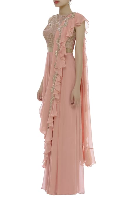Buy_Shruti Ranka_Pink Georgette Zardozi Embroidered Round Sequins And Ruffled Saree Jumpsuit_Online_at_Aza_Fashions