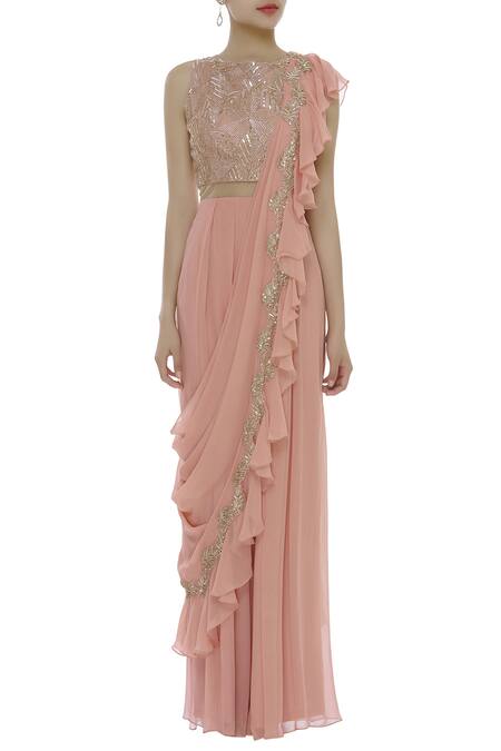 Shop_Shruti Ranka_Pink Georgette Zardozi Embroidered Round Sequins And Ruffled Saree Jumpsuit_Online_at_Aza_Fashions