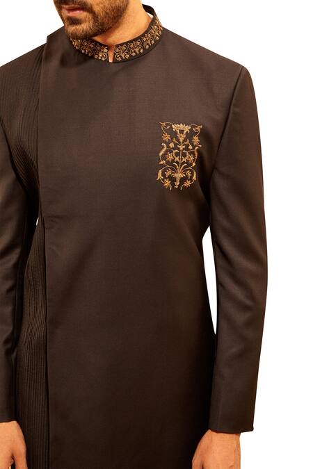 Amaare_Black Wool Embroidery Floral Overlap Sherwani _Online_at_Aza_Fashions