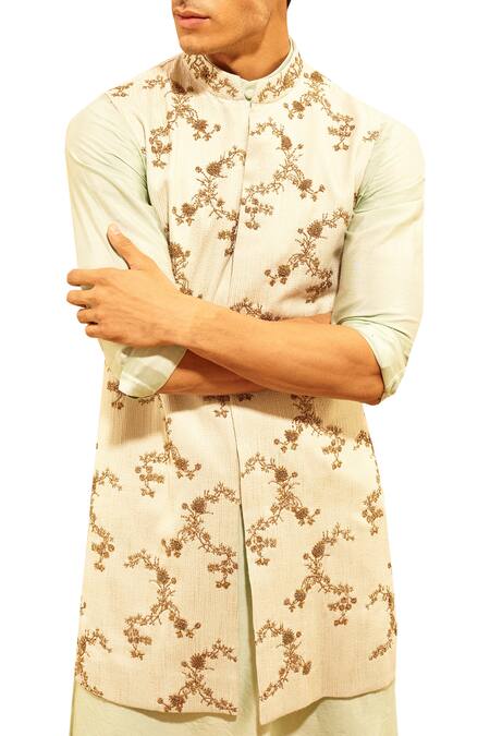 Shop Amaare Green Organza Embroidery Floral Hand Bundi With Kurta And Pants at Aza Fashions Shop_Amaare_Green Organza Embroidery Floral Hand Bundi With Kurta And Pants _at_Aza_Fashions