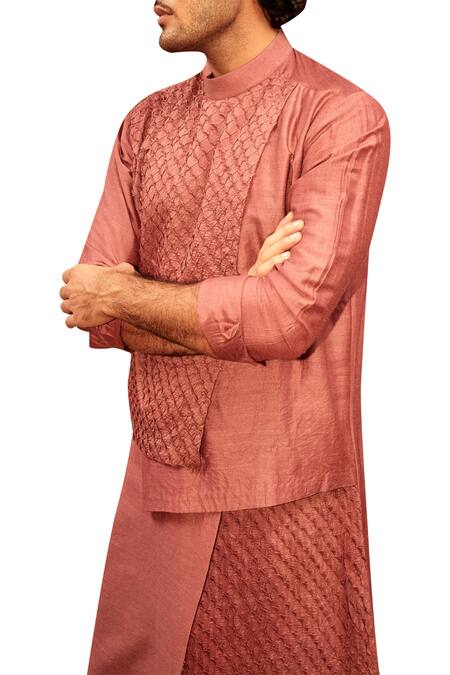 Amaare_Red Matka Silk Plain Asymmetric Textured Kurta With Pants _Online_at_Aza_Fashions
