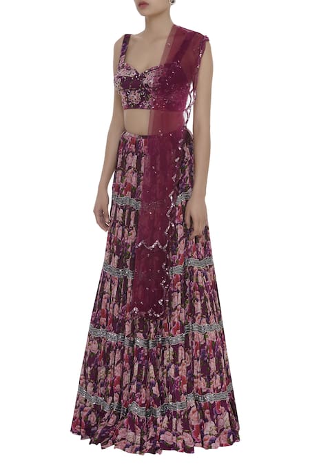Shehlaa Khan_Wine Satin Georgette Sequin Work Printed Sweetheart Neckline Floral Lehenga Set _Online_at_Aza_Fashions