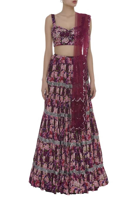 Buy_Shehlaa Khan_Wine Satin Georgette Sequin Work Printed Sweetheart Neckline Floral Lehenga Set _Online_at_Aza_Fashions
