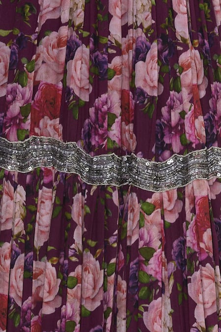 Shehlaa Khan_Wine Satin Georgette Sequin Work Printed Sweetheart Neckline Floral Lehenga Set _at_Aza_Fashions