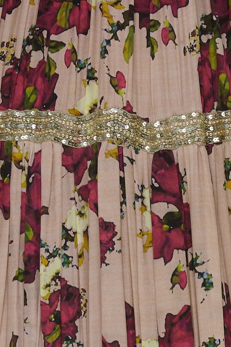 Shehlaa Khan_Peach Satin Georgette Sequin Work Printed Sweetheart Neckline Tiered Lehenga Set _at_Aza_Fashions