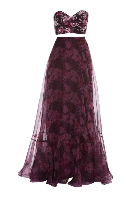 Shop_Shehlaa Khan_Wine Satin Georgette Sequin Work Printed Jacket Full Lehenga Set With Ruffle _Online_at_Aza_Fashions