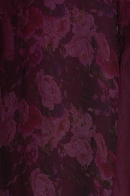 Shehlaa Khan_Wine Satin Georgette Sequin Work Printed Jacket Full Lehenga Set With Ruffle _at_Aza_Fashions