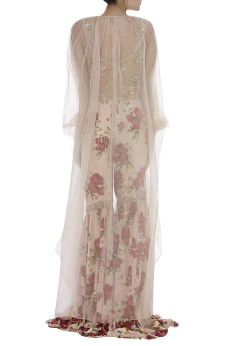 Shehlaa Khan Sheer cape with Printed sharara pants & blouse 