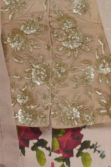 Shehlaa Khan_Beige Sheer Cape With Printed Sharara Pants And Blouse _at_Aza_Fashions