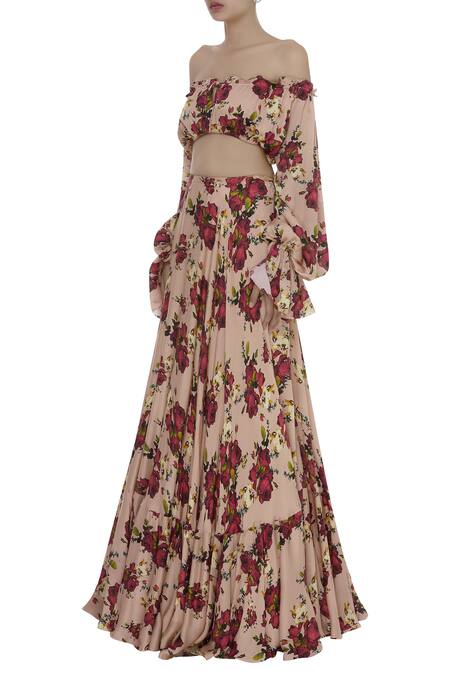 Buy_Shehlaa Khan_Peach Satin Georgette Sequin Work Printed Floral Lehenga With Blouse _Online_at_Aza_Fashions