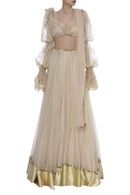 Shehlaa Khan_Gold Tulle Embroidered Lace V Neck Lehenga Set _Online_at_Aza_Fashions