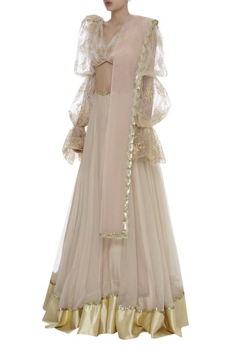 Buy_Shehlaa Khan_Gold Tulle Embroidered Lace V Neck Lehenga Set _Online_at_Aza_Fashions