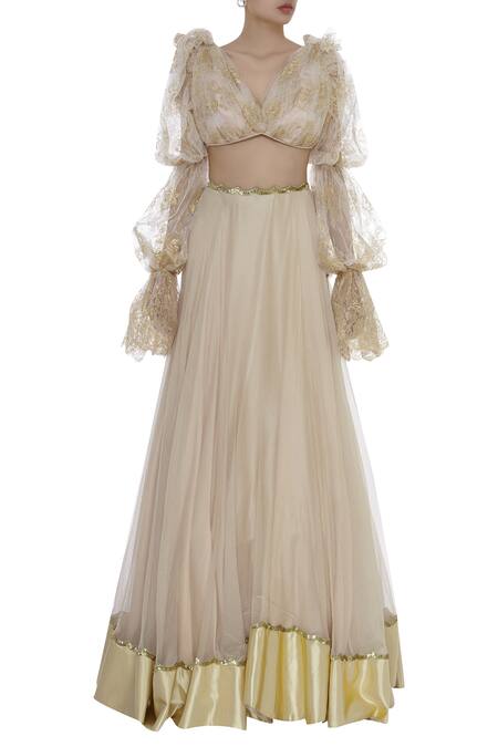 Shop_Shehlaa Khan_Gold Tulle Embroidered Lace V Neck Lehenga Set _Online_at_Aza_Fashions