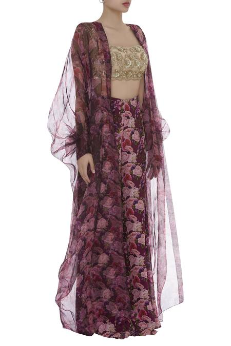 Shehlaa Khan_Beige Mandarin Collar Sequin Embroidered Bustier And Palazzo Set With Cape _Online_at_Aza_Fashions