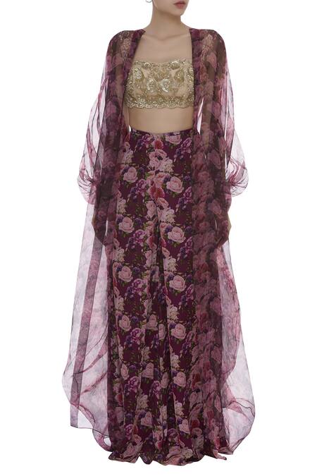 Buy_Shehlaa Khan_Beige Mandarin Collar Sequin Embroidered Bustier And Palazzo Set With Cape _Online_at_Aza_Fashions