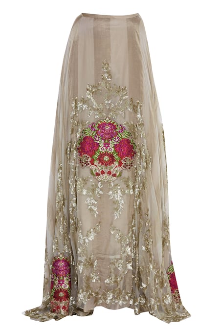 Shop_Shehlaa Khan_Beige Organza Round Embroidered Bridal Lehenga Set _Online_at_Aza_Fashions