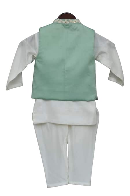 Shop Fayon Kids Green Cotton, Silk, Modal Cowl Draped Kurta Set With Bundi And Churidaar at Aza Fashions Shop_Fayon Kids_Green Cotton, Silk, Modal Cowl Draped Kurta Set With Bundi And Churidaar _at_Aza_Fashions