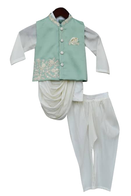Fayon Kids Green Cotton, Silk, Modal Cowl Draped Kurta Set With Bundi And Churidaar Online at Aza Fashions Fayon Kids_Green Cotton, Silk, Modal Cowl Draped Kurta Set With Bundi And Churidaar _Online_at_Aza_Fashions