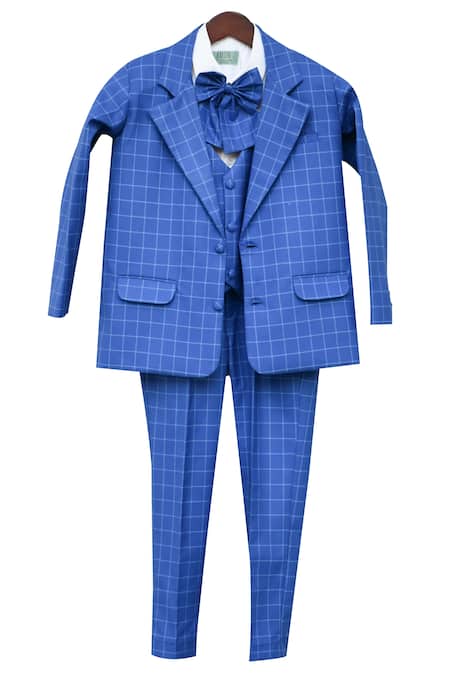 Fayon Kids Blue Cotton, Suede Checkered Coat With Waistcoat Shirt And Pants 