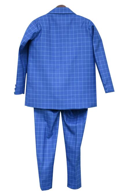 Shop Fayon Kids Blue Cotton, Suede Checkered Coat With Waistcoat Shirt And Pants at Aza Fashions Shop_Fayon Kids_Blue Cotton, Suede Checkered Coat With Waistcoat Shirt And Pants _at_Aza_Fashions