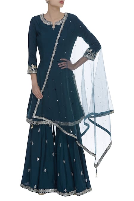 MATSYA Blue Kundan Mirror Embrodiered Sharara Kurta Set