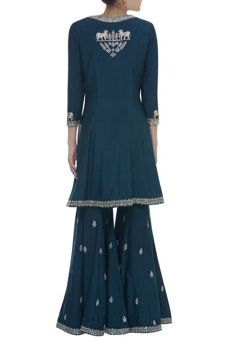 Shop Matsya Blue Kundan Mirror Embrodiered Sharara Kurta Set at Aza Fashions Shop_Matsya_Blue Kundan Mirror Embrodiered Sharara Kurta Set_at_Aza_Fashions