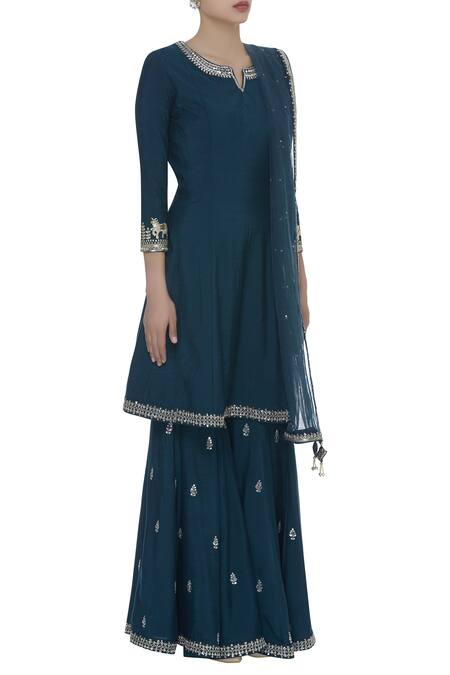 Matsya Blue Kundan Mirror Embrodiered Sharara Kurta Set Online at Aza Fashions Matsya_Blue Kundan Mirror Embrodiered Sharara Kurta Set_Online_at_Aza_Fashions