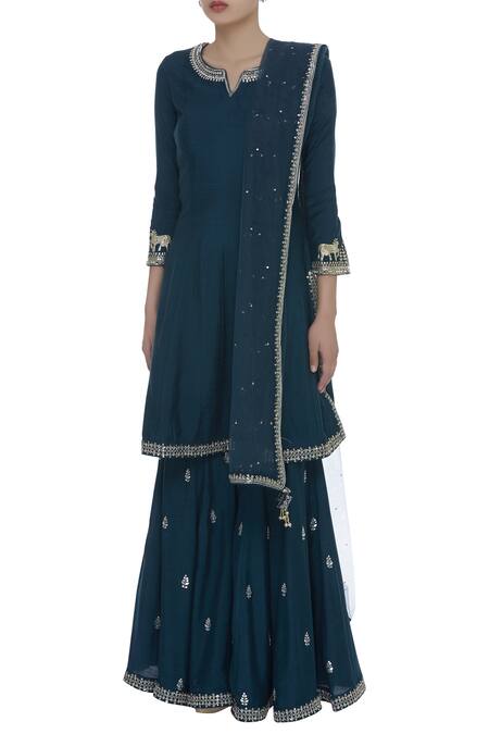 Buy Matsya Blue Kundan Mirror Embrodiered Sharara Kurta Set Online at Aza Fashions Buy_Matsya_Blue Kundan Mirror Embrodiered Sharara Kurta Set_Online_at_Aza_Fashions