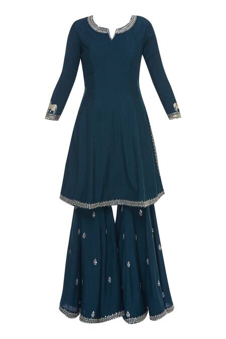 Shop Matsya Blue Kundan Mirror Embrodiered Sharara Kurta Set Online at Aza Fashions Shop_Matsya_Blue Kundan Mirror Embrodiered Sharara Kurta Set_Online_at_Aza_Fashions
