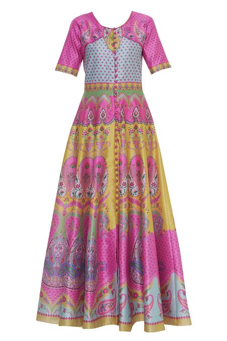 Shop Siddhartha Bansal Pink Printed Anarkali Style Loop Hole Buttons Tunic Online at Aza Fashions Shop_Siddhartha Bansal_Pink Printed Anarkali Style Loop Hole Buttons Tunic _Online_at_Aza_Fashions