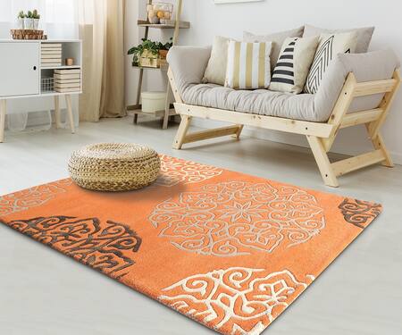Littlelooms Orange Hand Tufted Blend Of 50% New Zealand Wool And50% Pure Classic Medallion Rug