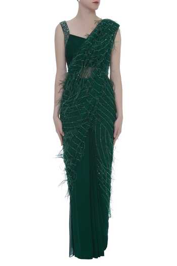 Kresha Lulla_Green Feather Detail Saree_Online_at_Aza_Fashions