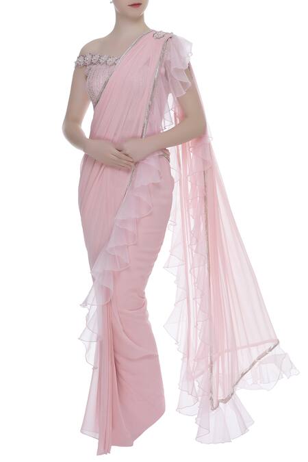 Kresha Lulla Pink Ruffle Saree With Off Shoulder Embroidered Blouse