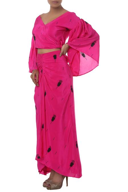Masaba_Pink Tribal Mask Printed Top With Draped Skirt_Online_at_Aza_Fashions