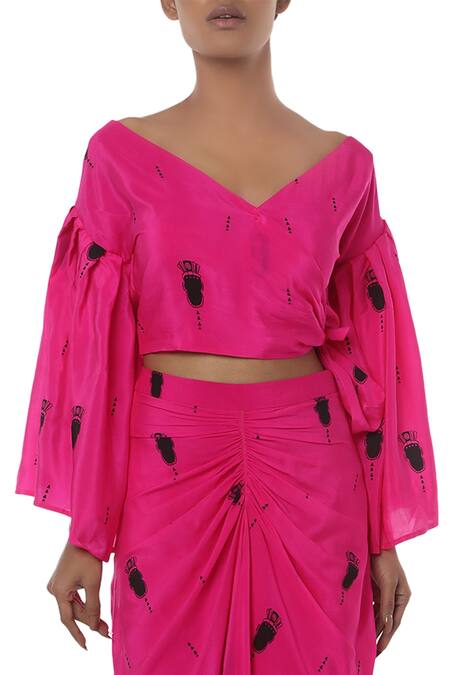 Buy_Masaba_Pink Tribal Mask Printed Top With Draped Skirt_Online_at_Aza_Fashions