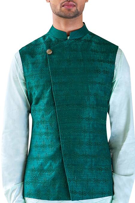 Shop_Sarah & Sandeep_Green Kurta Set With Overlap Nehru Jacket_at_Aza_Fashions