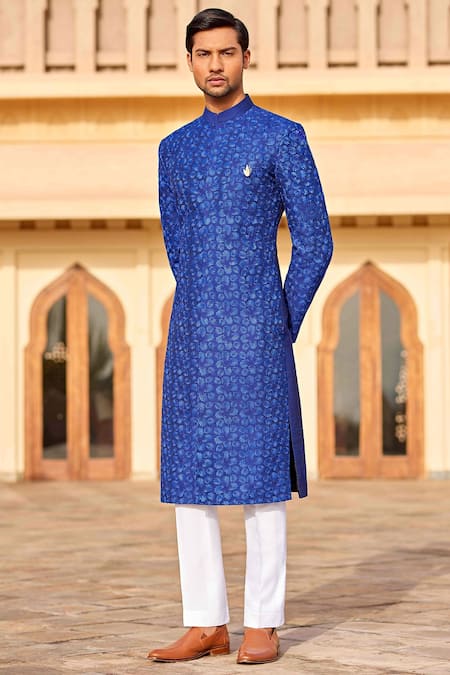 Sarah & Sandeep_Blue Thread Embroidered Mandarin Collar Kurta Set_Online_at_Aza_Fashions