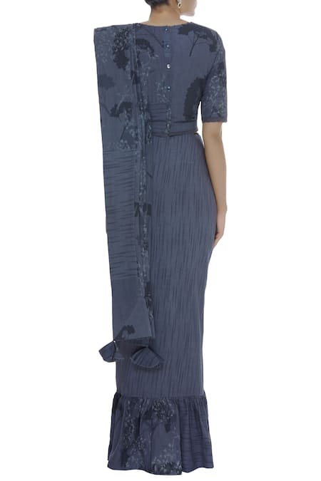 Shop Shagun Manchanda Grey Linen Embroidered Handcrafted Saree With Frill Border at Aza Fashions Shop_Shagun Manchanda_Grey Linen Embroidered Handcrafted Saree With Frill Border _at_Aza_Fashions