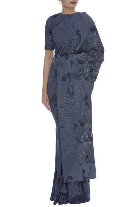 Shagun Manchanda Grey Linen Embroidered Handcrafted Saree With Frill Border Online at Aza Fashions Shagun Manchanda_Grey Linen Embroidered Handcrafted Saree With Frill Border _Online_at_Aza_Fashions