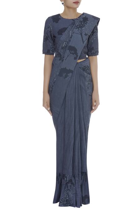 Buy Shagun Manchanda Grey Linen Embroidered Handcrafted Saree With Frill Border Online at Aza Fashions Buy_Shagun Manchanda_Grey Linen Embroidered Handcrafted Saree With Frill Border _Online_at_Aza_Fashions