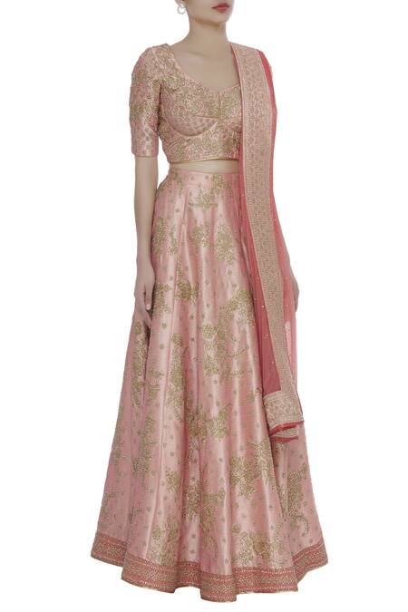 Vandana Sethi_Peach Raw Silk Embroidered V-neck Zari And Zricon Bridal Lehenga Set_Online_at_Aza_Fashions