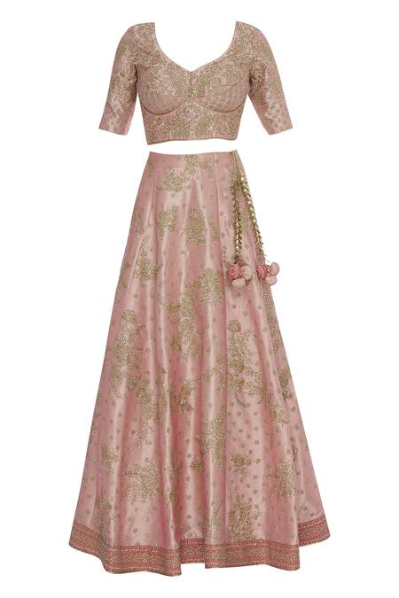 Shop_Vandana Sethi_Peach Raw Silk Embroidered V-neck Zari And Zricon Bridal Lehenga Set_Online_at_Aza_Fashions