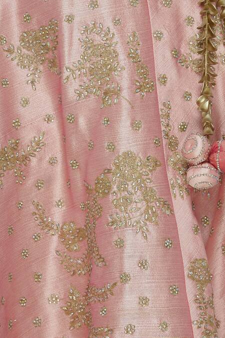Vandana Sethi_Peach Raw Silk Embroidered V-neck Zari And Zricon Bridal Lehenga Set_at_Aza_Fashions