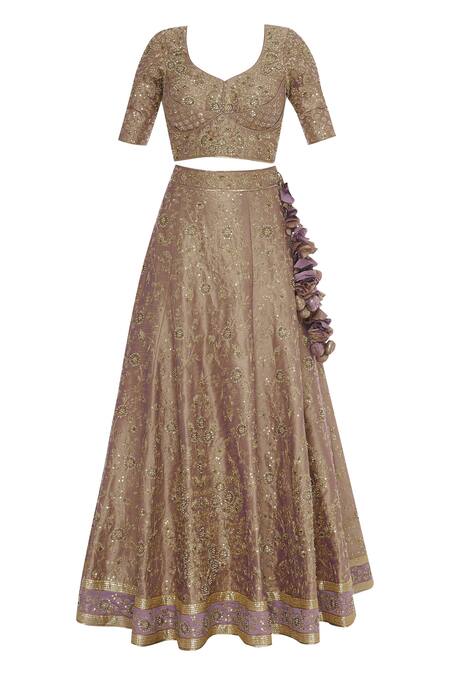 Buy_Vandana Sethi_Beige Raw Silk Sweetheart Neck Embroidered Bridal Lehenga Set _Online_at_Aza_Fashions
