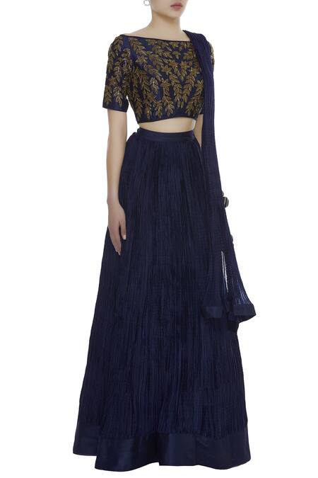 Vandana Sethi_Blue Silk Embroidered Off Shoulder Pleated Lehenga With Blouse And Dupatta_Online_at_Aza_Fashions