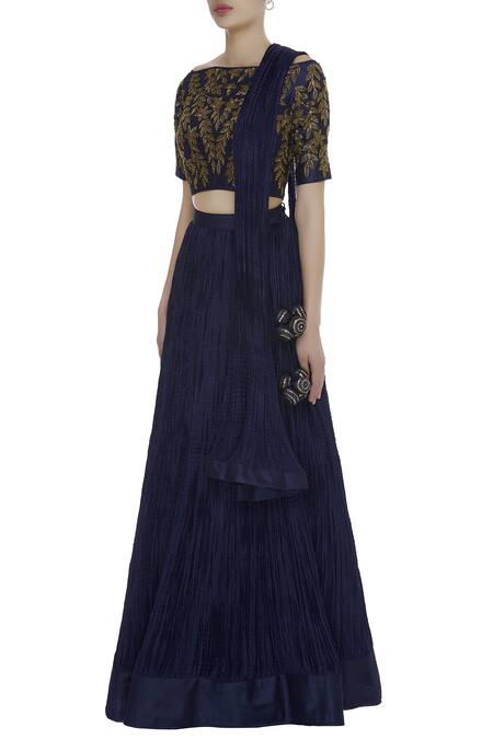 Buy_Vandana Sethi_Blue Silk Embroidered Off Shoulder Pleated Lehenga With Blouse And Dupatta_Online_at_Aza_Fashions