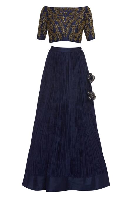 Shop_Vandana Sethi_Blue Silk Embroidered Off Shoulder Pleated Lehenga With Blouse And Dupatta_Online_at_Aza_Fashions