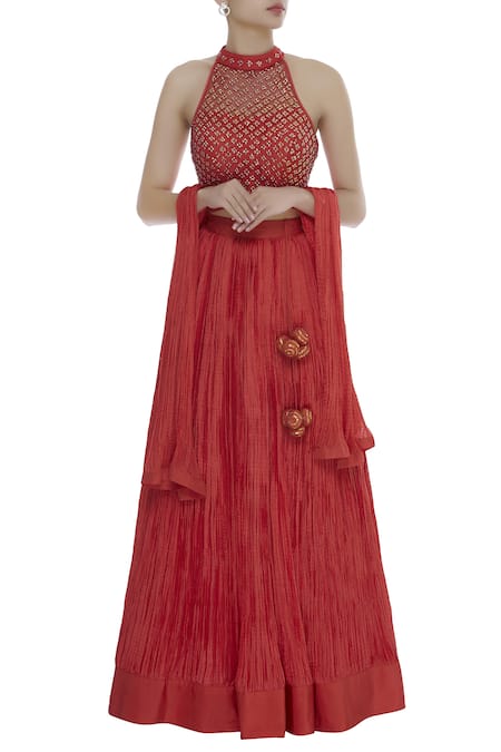 Vandana Sethi Red Silk Sequin Embroidered Halter Neck Pleated Lehenga With Blouse And Dupatta 