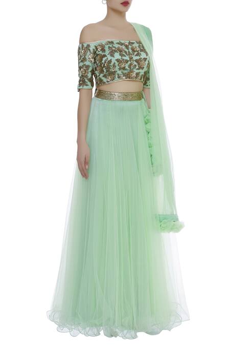 Vandana Sethi_Green Net Embroidered Off Shoulder Sequin And Zardozi Lehenga Set_Online_at_Aza_Fashions