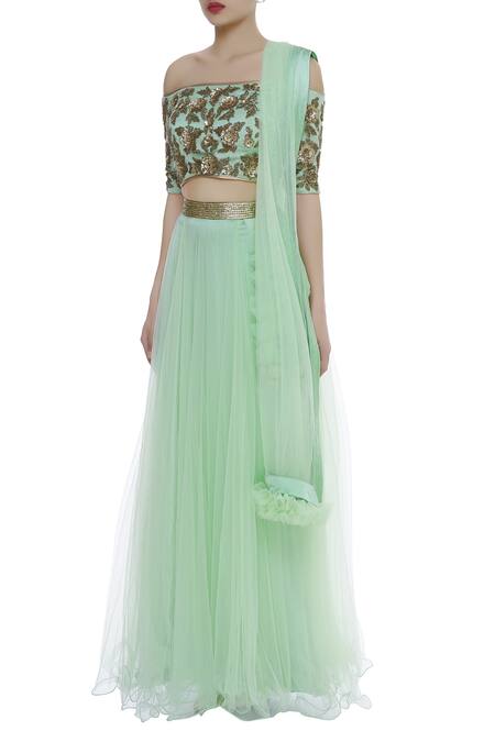 Buy_Vandana Sethi_Green Net Embroidered Off Shoulder Sequin And Zardozi Lehenga Set_Online_at_Aza_Fashions